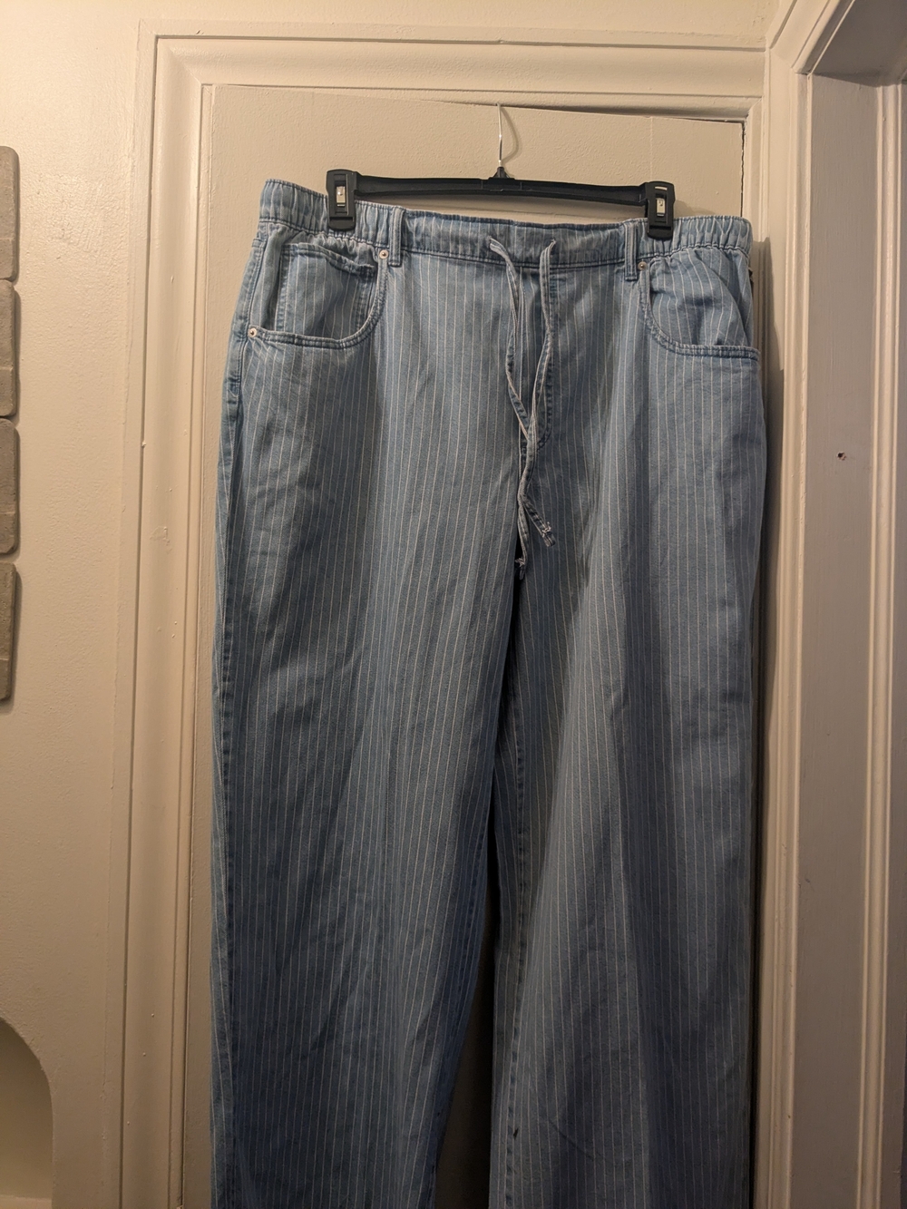 Light Blue Pinstripe Women’s Jeans - Casual Drawstring Waist